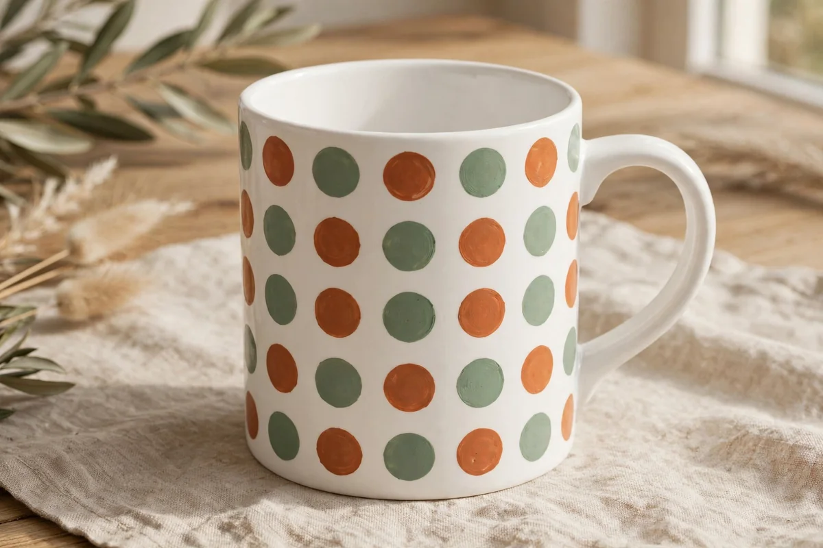 White mug with hand-painted polka dots in sage and terracotta