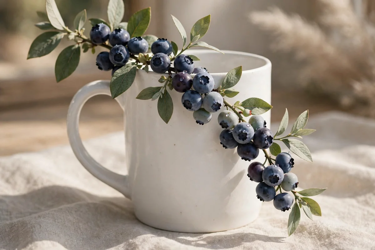 White mug with curving blueberry branch in navy and dusty blue