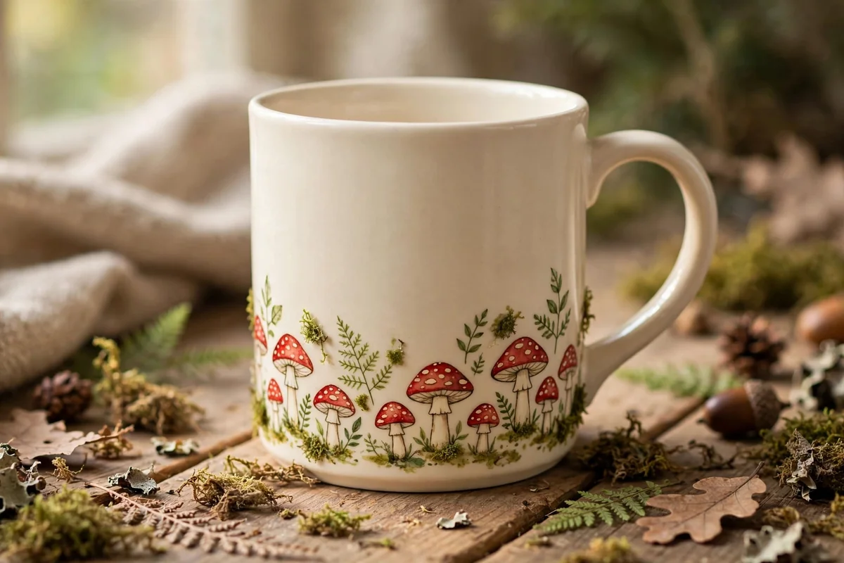 Cream mug with red toadstool mushrooms and ferns