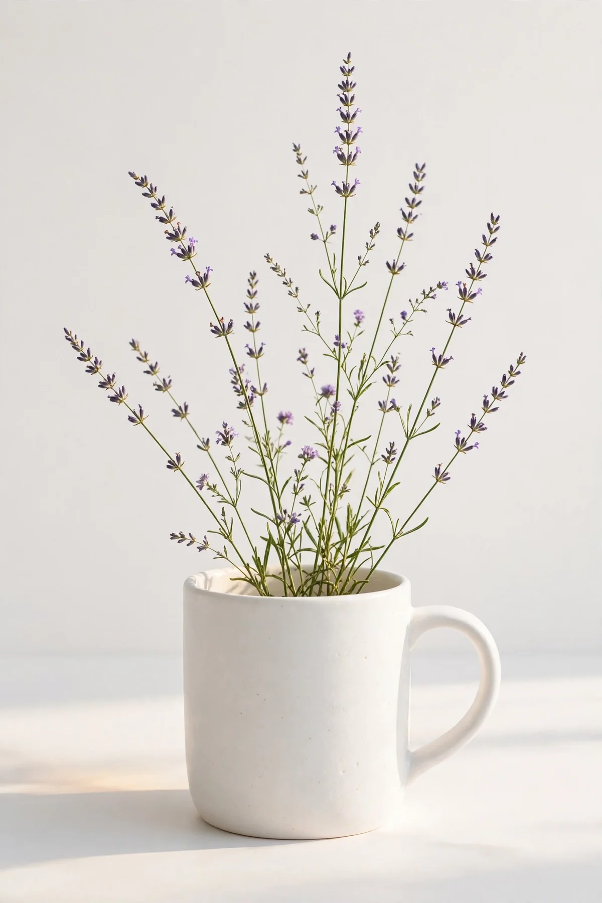 White mug with delicate lavender sprigs