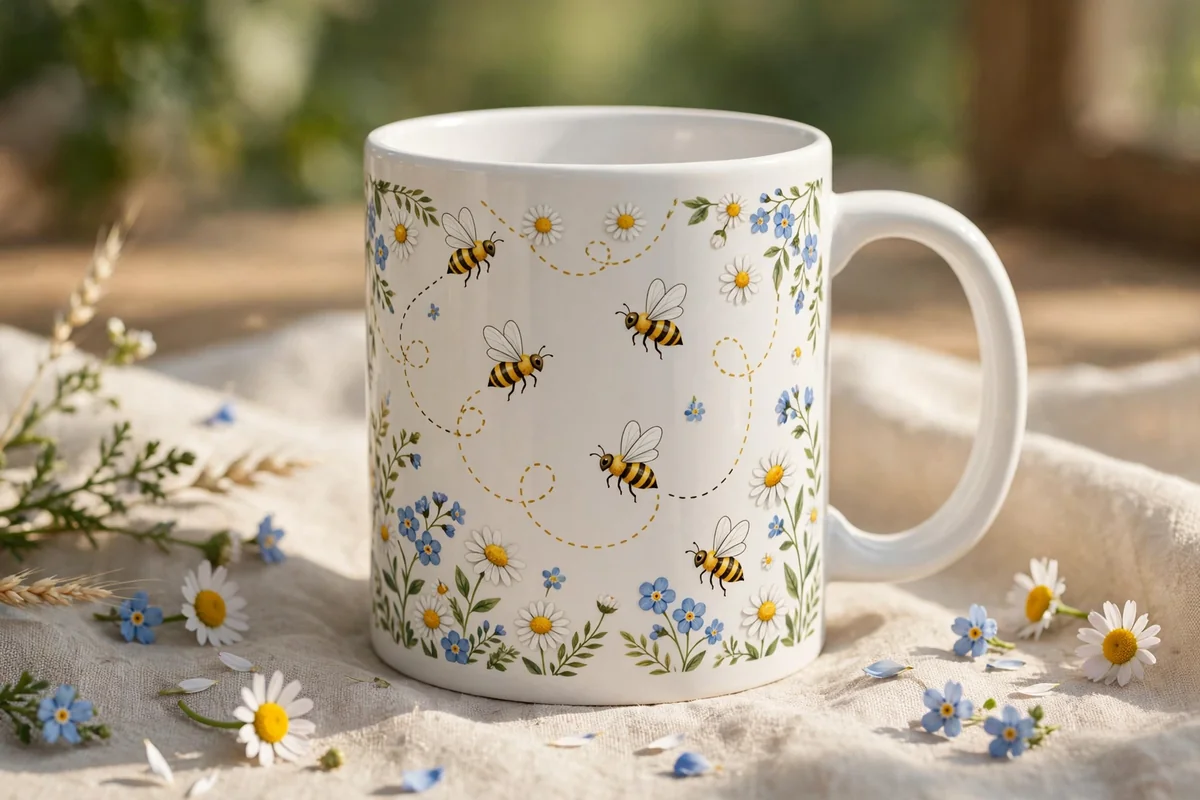 White mug with tiny honeybees among wildflowers
