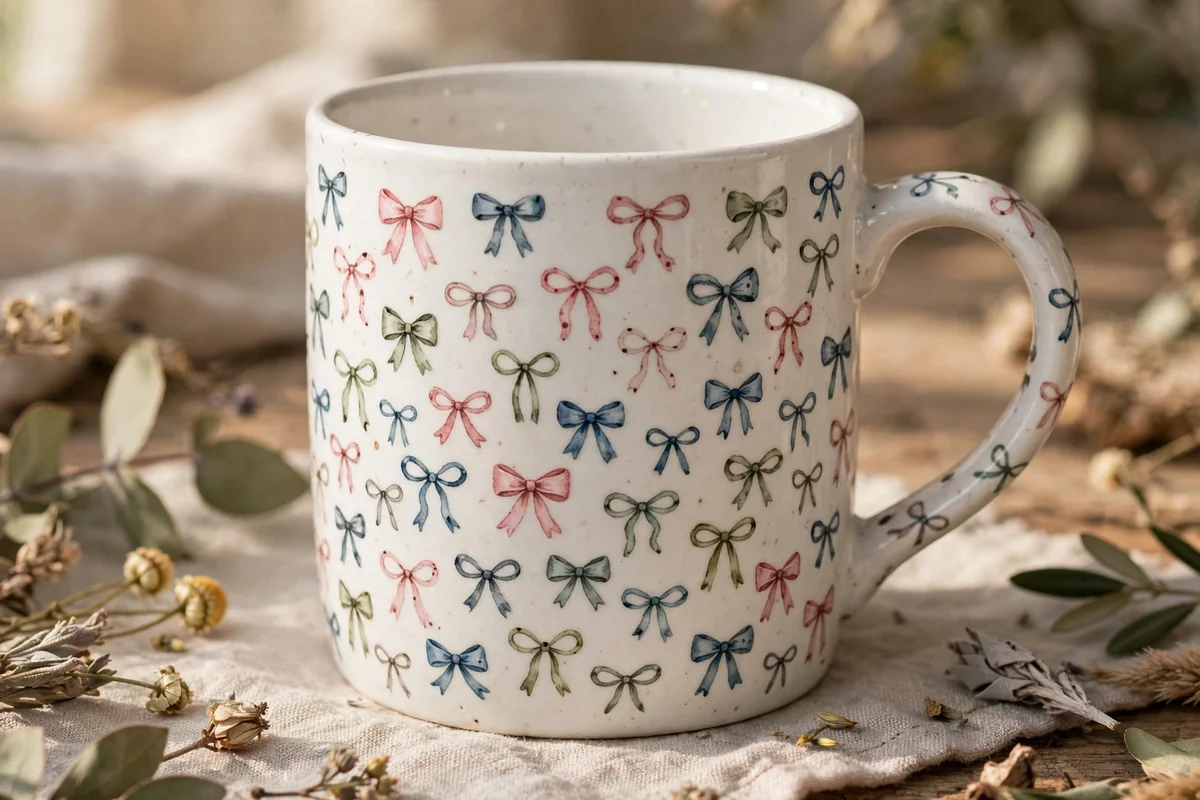 White mug with tiny hand-painted bows in pastel colors