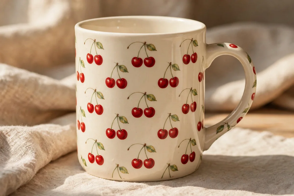 Cream mug with vintage-style cherry pairs