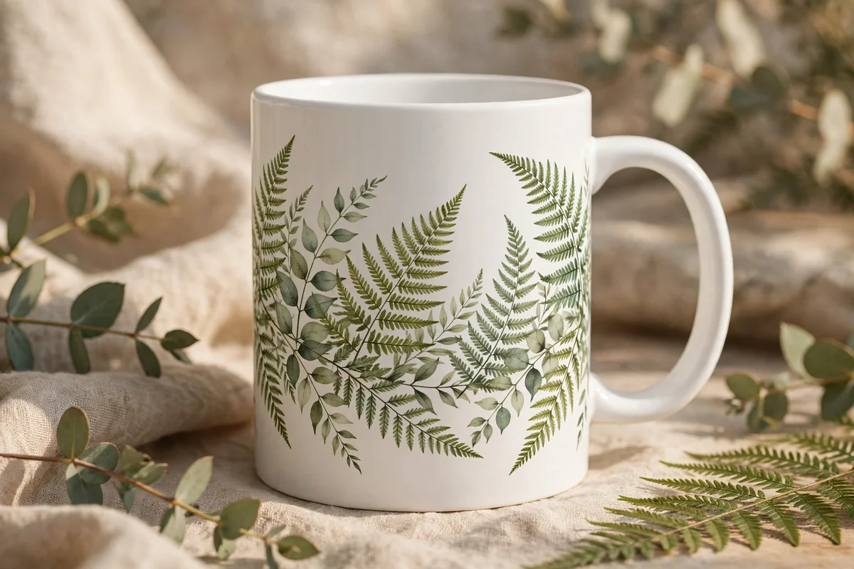 White mug with graceful fern fronds in layered greens