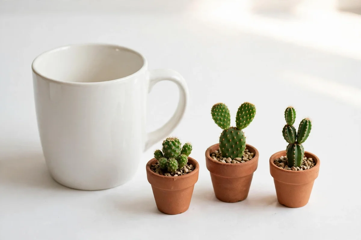 White mug with three tiny cacti in terracotta pots