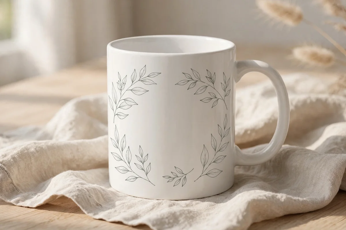 White mug with minimal botanical line leaf art