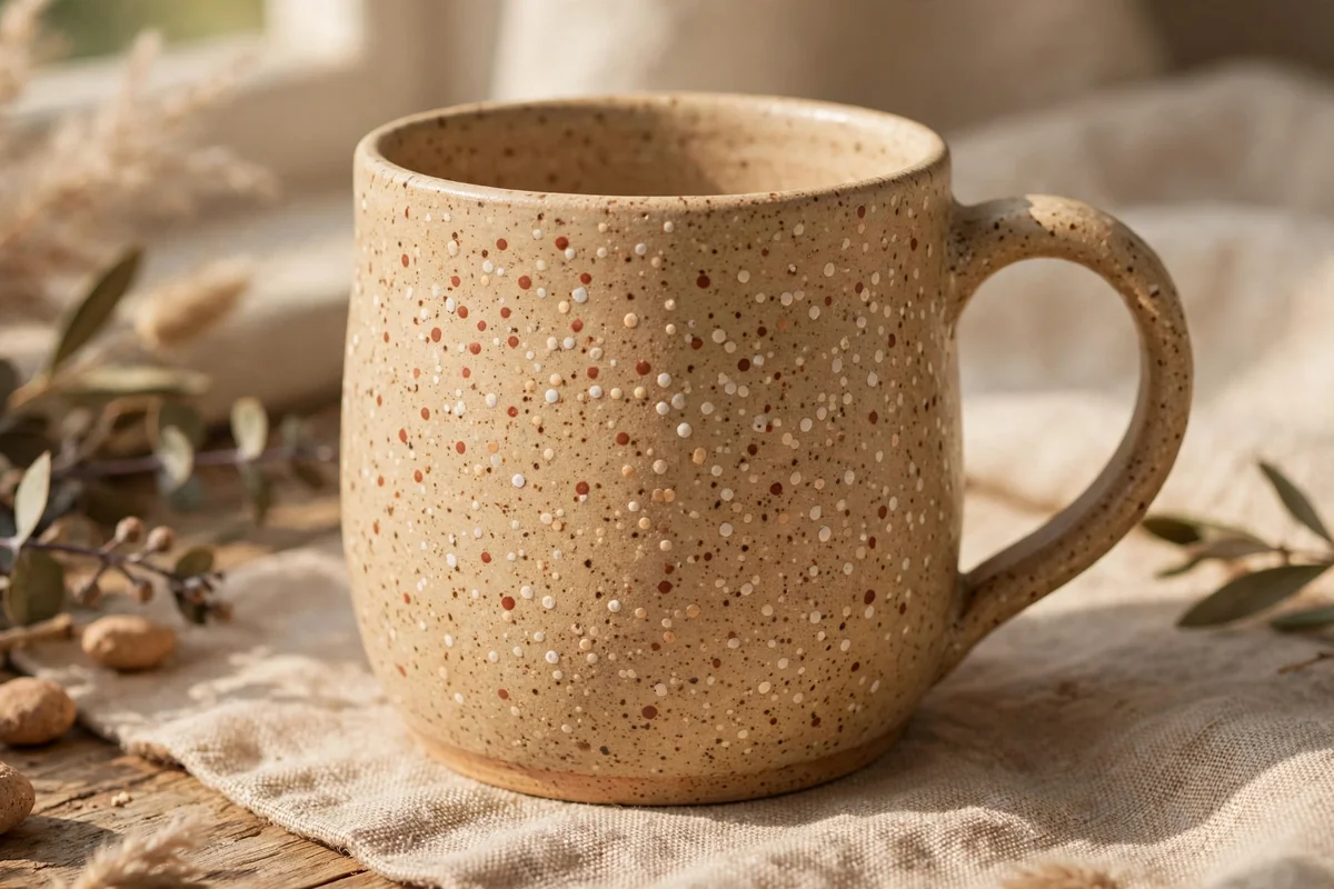 Speckled stoneware mug with terracotta and cream dots