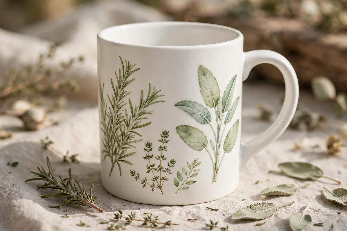 White mug with pressed herb sprigs in watercolor washes