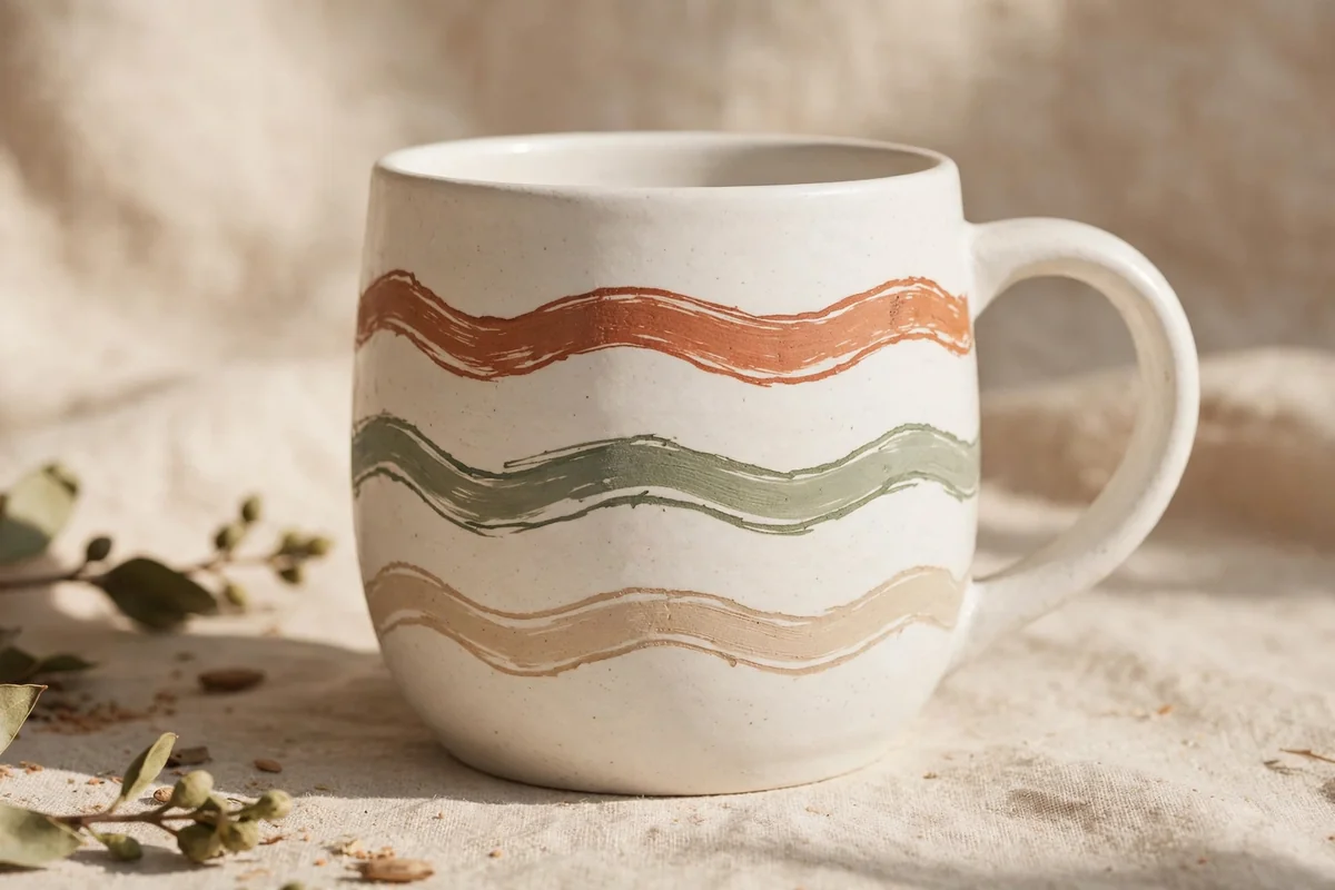 White mug with hand-drawn wavy stripes in muted colors