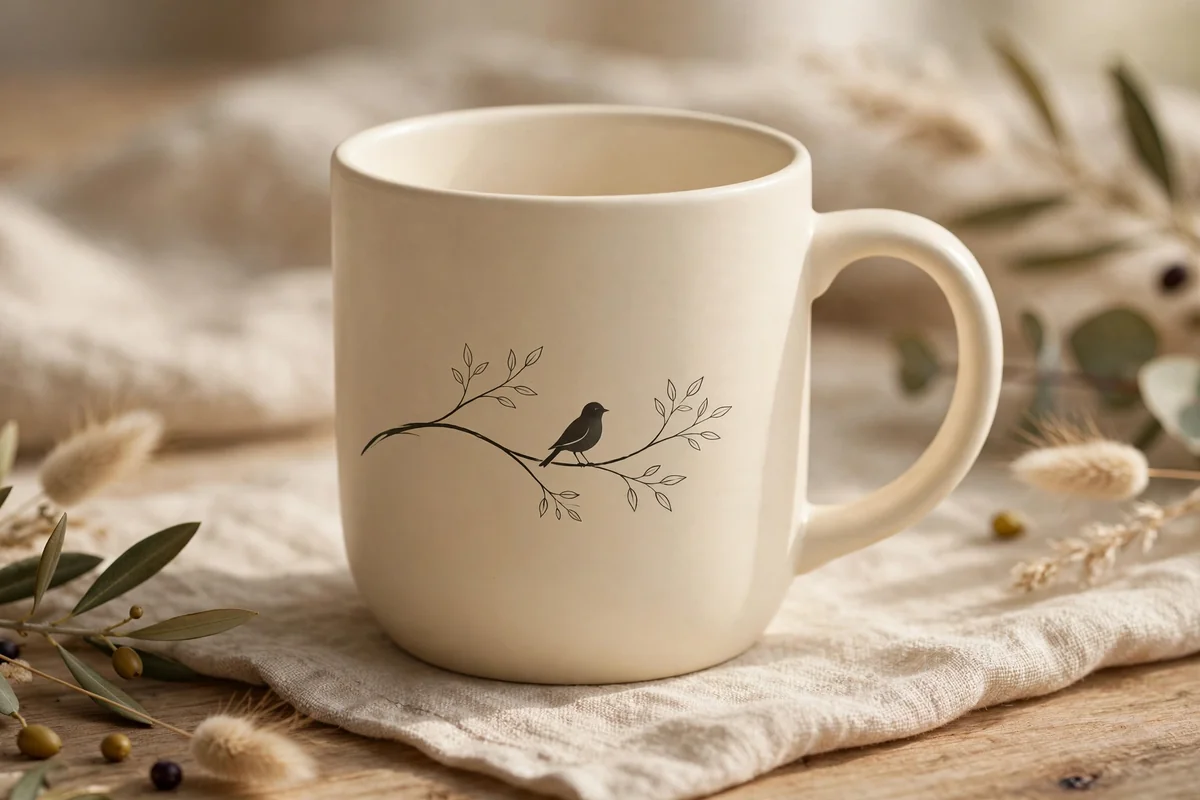 Cream mug with small bird silhouette on a branch