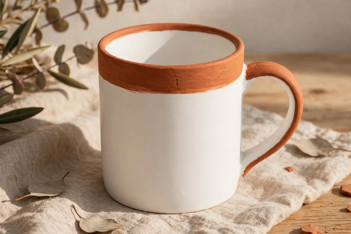 White mug with hand-painted terracotta rim and handle
