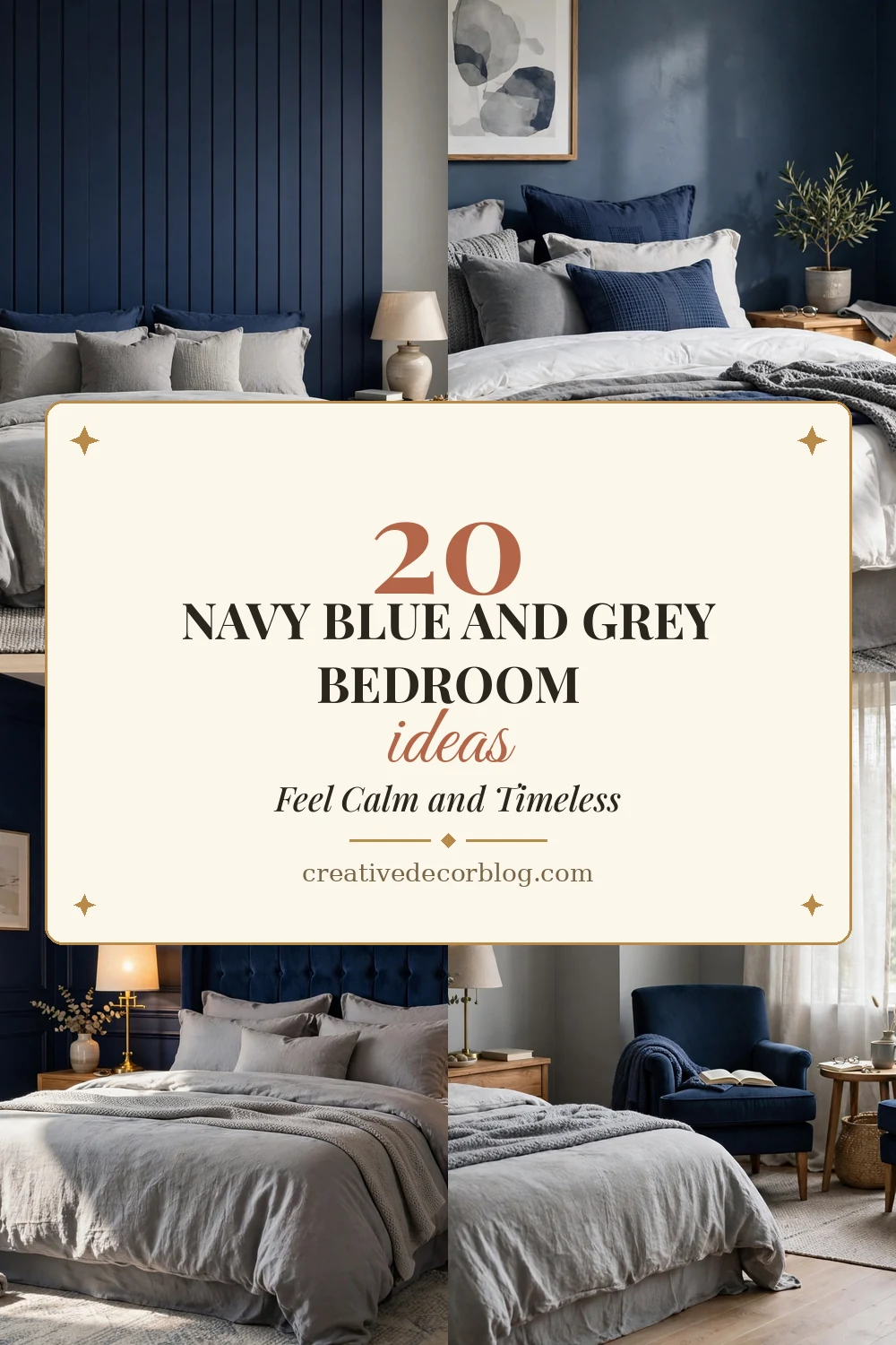 Pinterest pin collage of navy blue and grey bedroom ideas titled 20 Navy Blue and Grey Bedroom Ideas That Feel Calm and Timeless