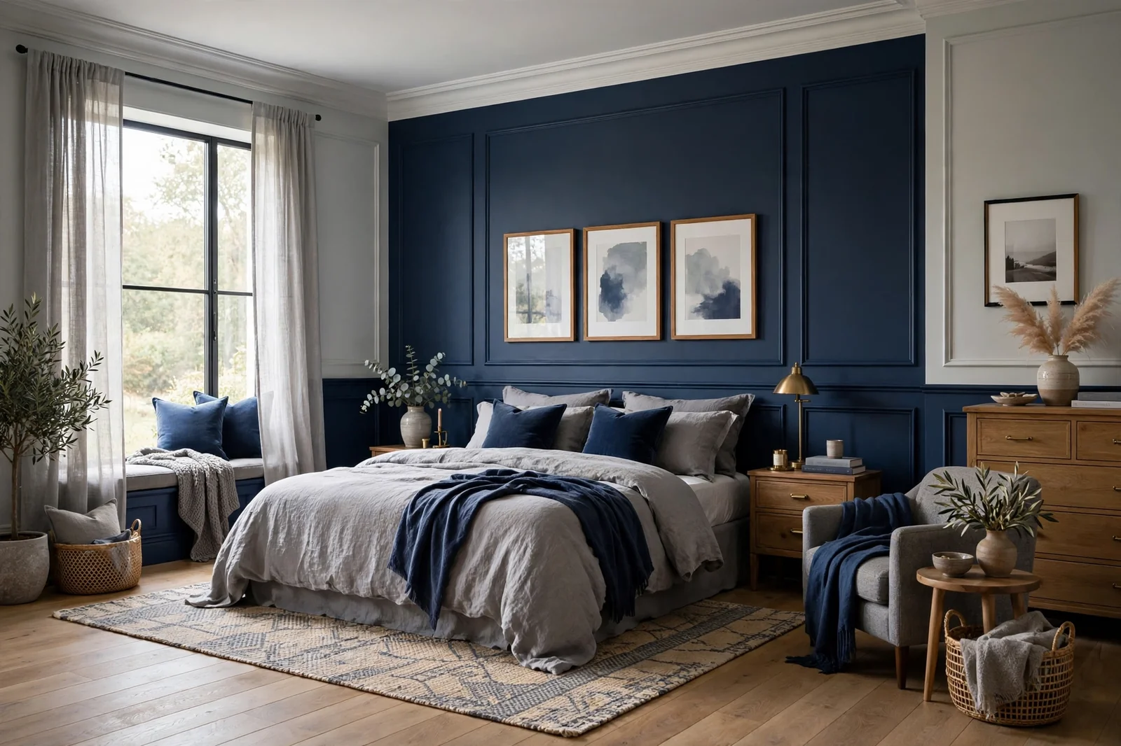 Wide view of a beautiful navy blue and grey bedroom, elegant and serene