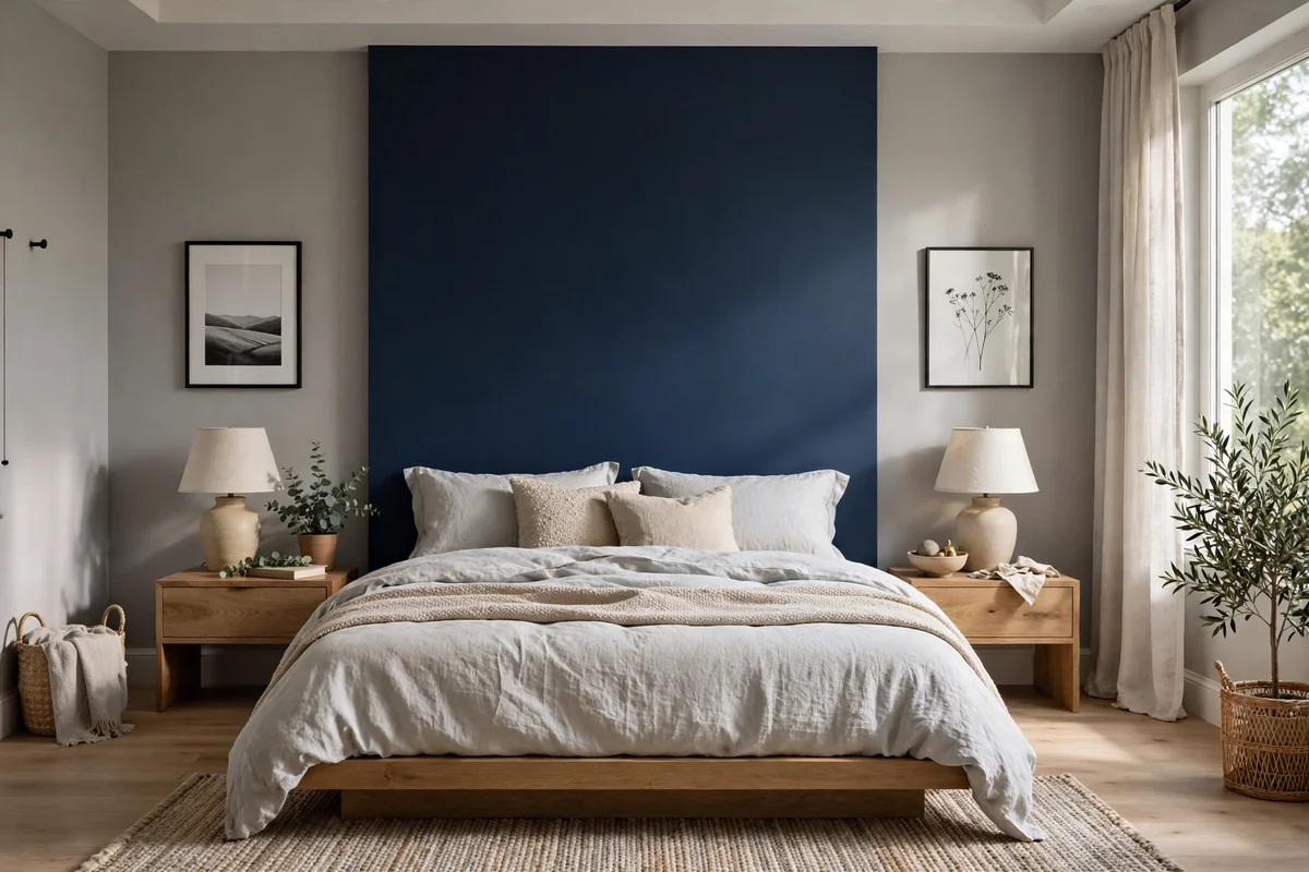 Bedroom with a navy blue accent wall behind the bed, grey walls elsewhere