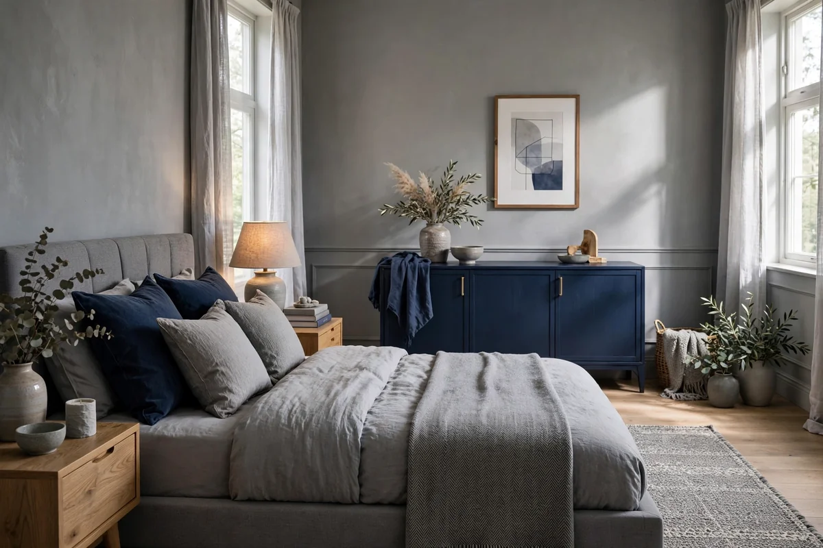 Navy blue and grey bedroom with a navy blue credenza opposite the bed