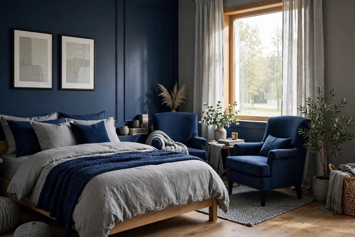 Navy blue and grey bedroom with navy reading chairs in a cozy corner