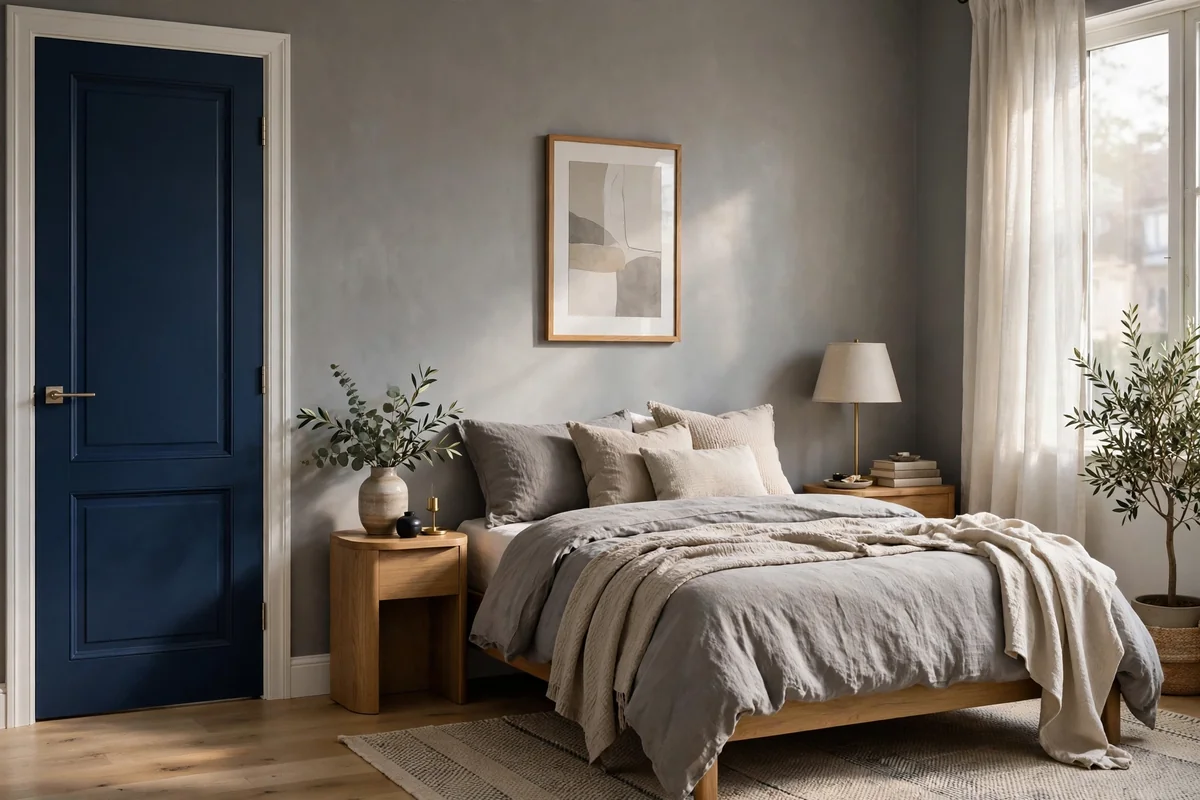 Bedroom with a navy blue painted interior door, grey walls, stylish