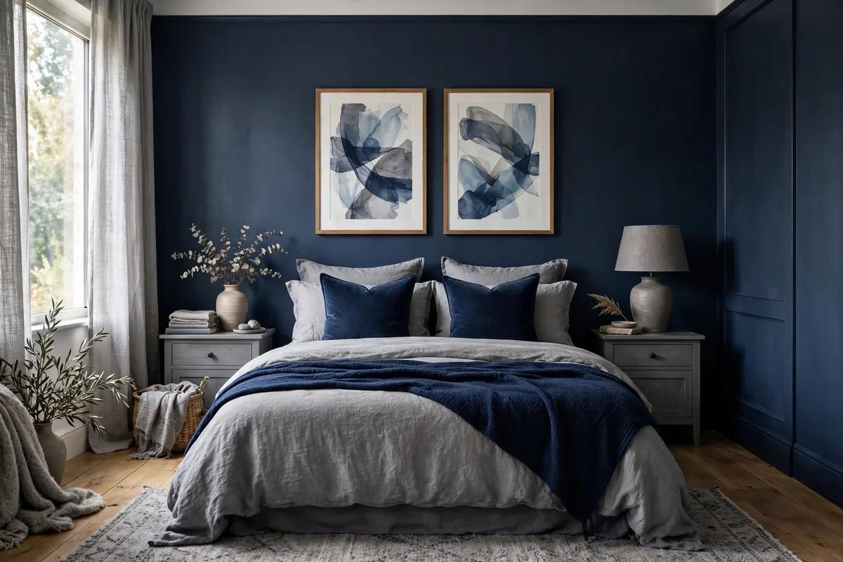 Navy and grey bedroom with coordinating artwork above the bed