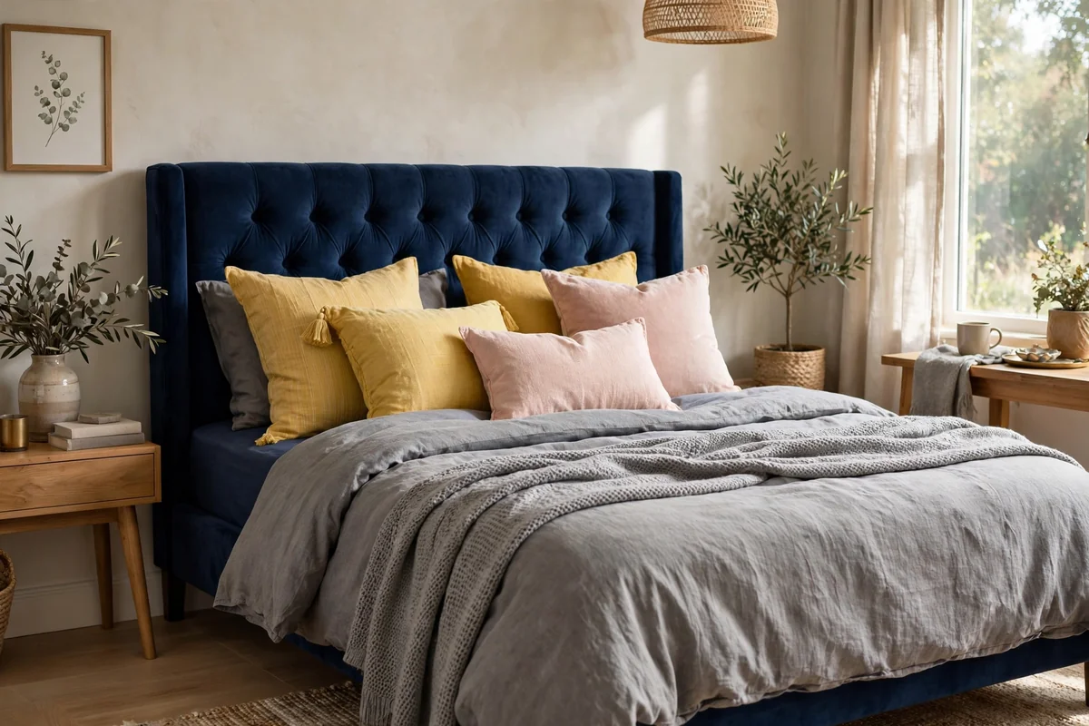 Navy blue and grey bed with layered throw pillows in yellow and blush