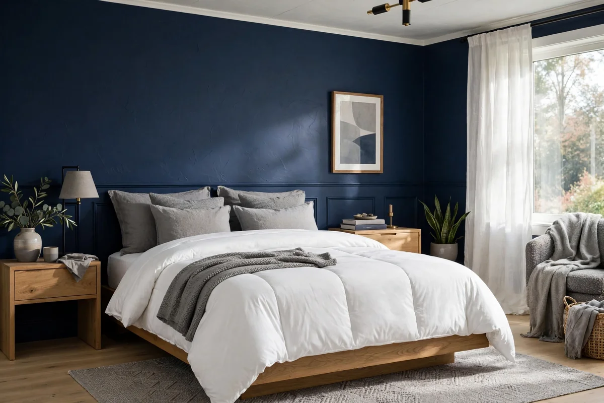 Navy and grey bedroom with a crisp white comforter on the bed