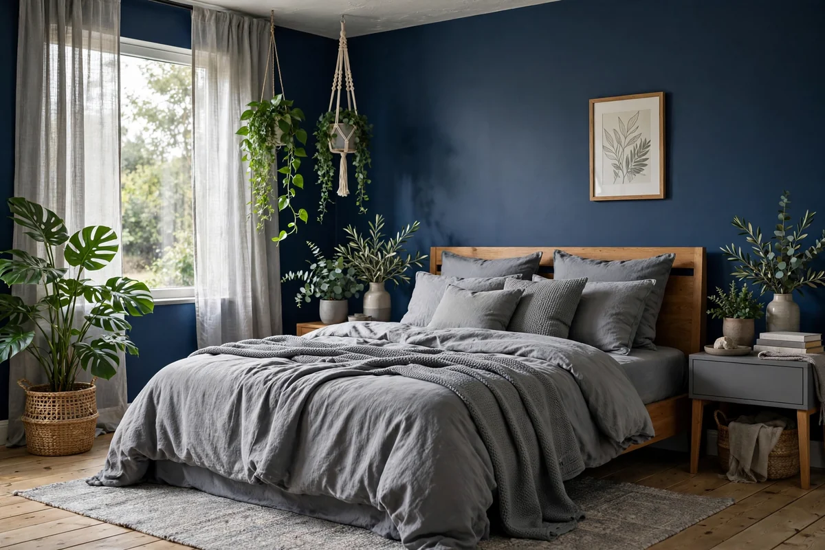 Navy blue and grey bedroom with green plants and greenery accents
