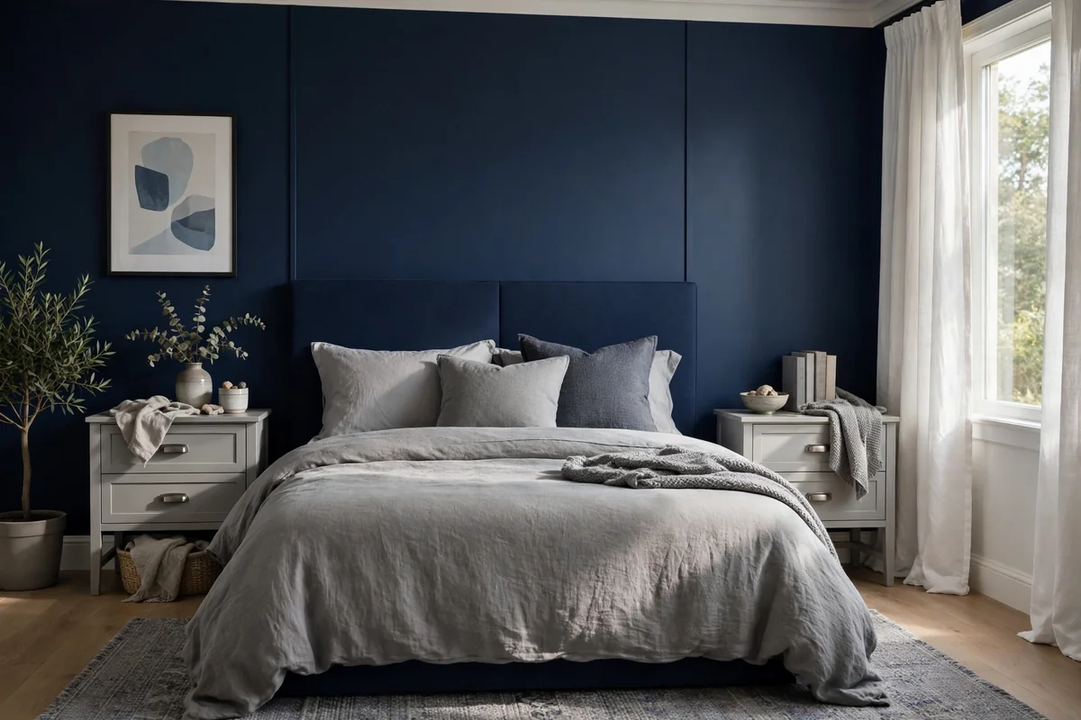 Navy and grey bedroom with light grey nightstands beside the bed