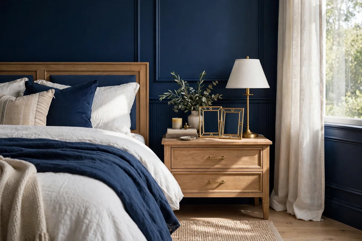 Navy blue bedroom with elegant photo frames on the nightstand