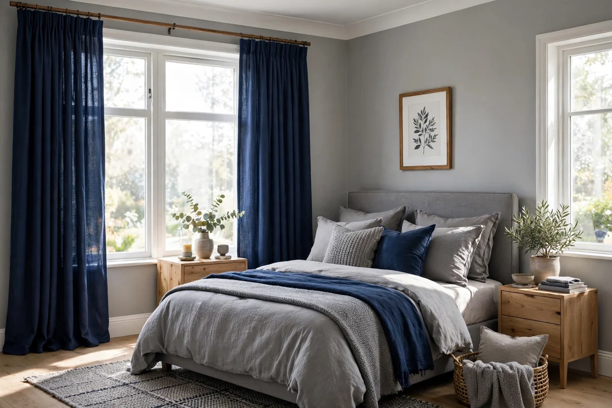 Navy blue and grey bedroom with navy window curtains, bright