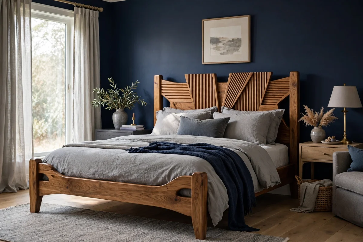 Navy and grey bedroom with a statement wooden bed frame, elegant