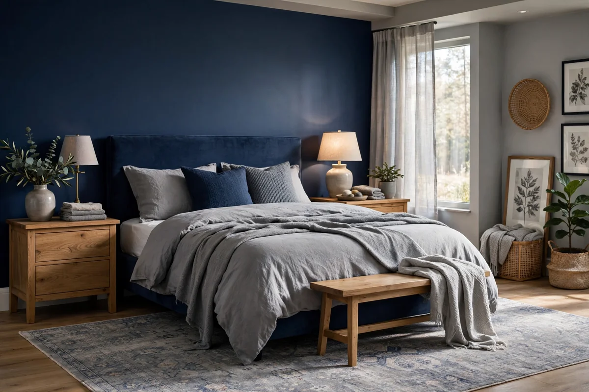Navy blue and grey bedroom with a soft patterned area rug