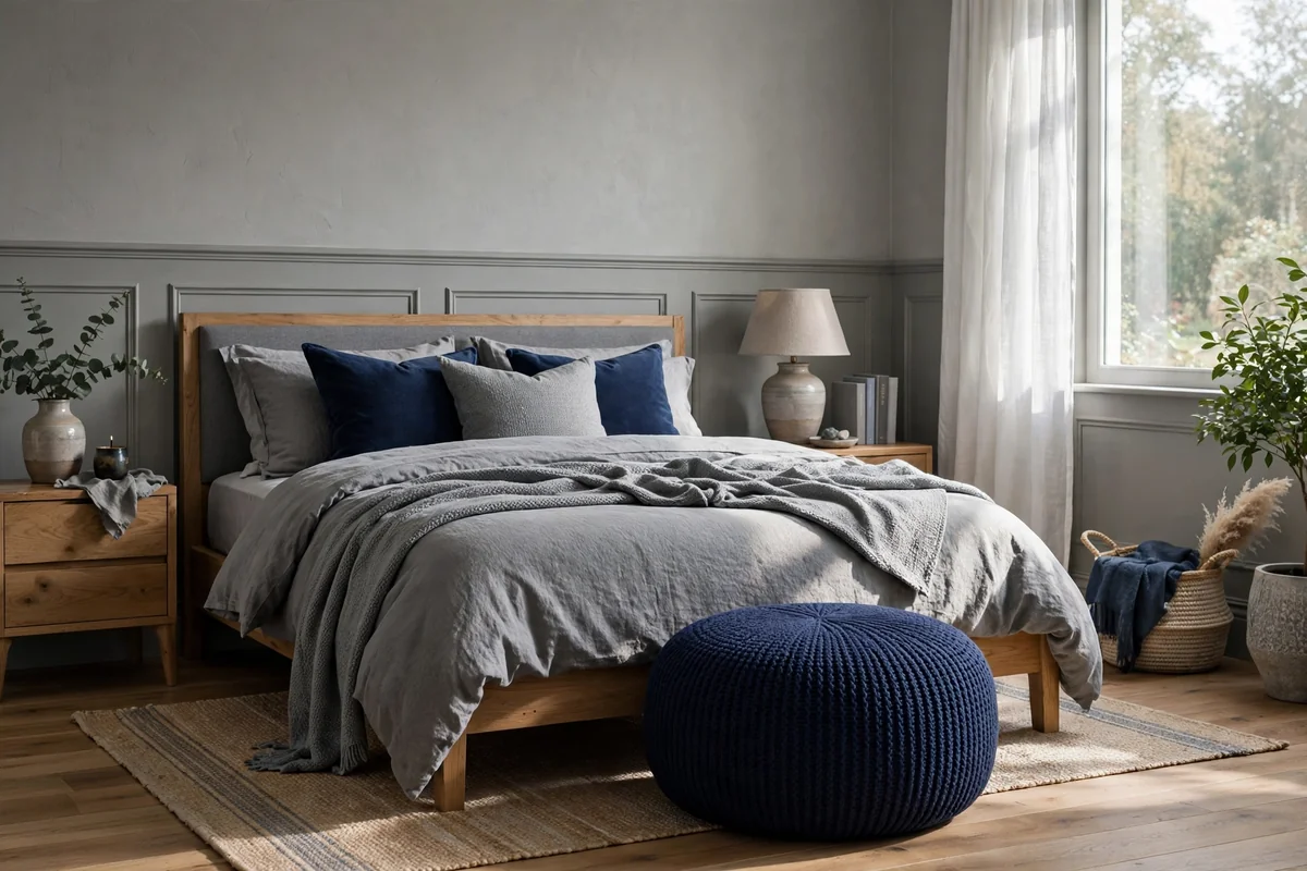 Navy and grey bedroom with a navy pouf ottoman at the foot of the bed