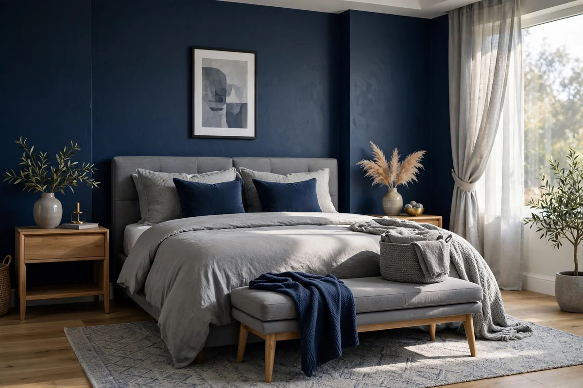 Navy blue and grey bedroom with a bench at the foot of the bed