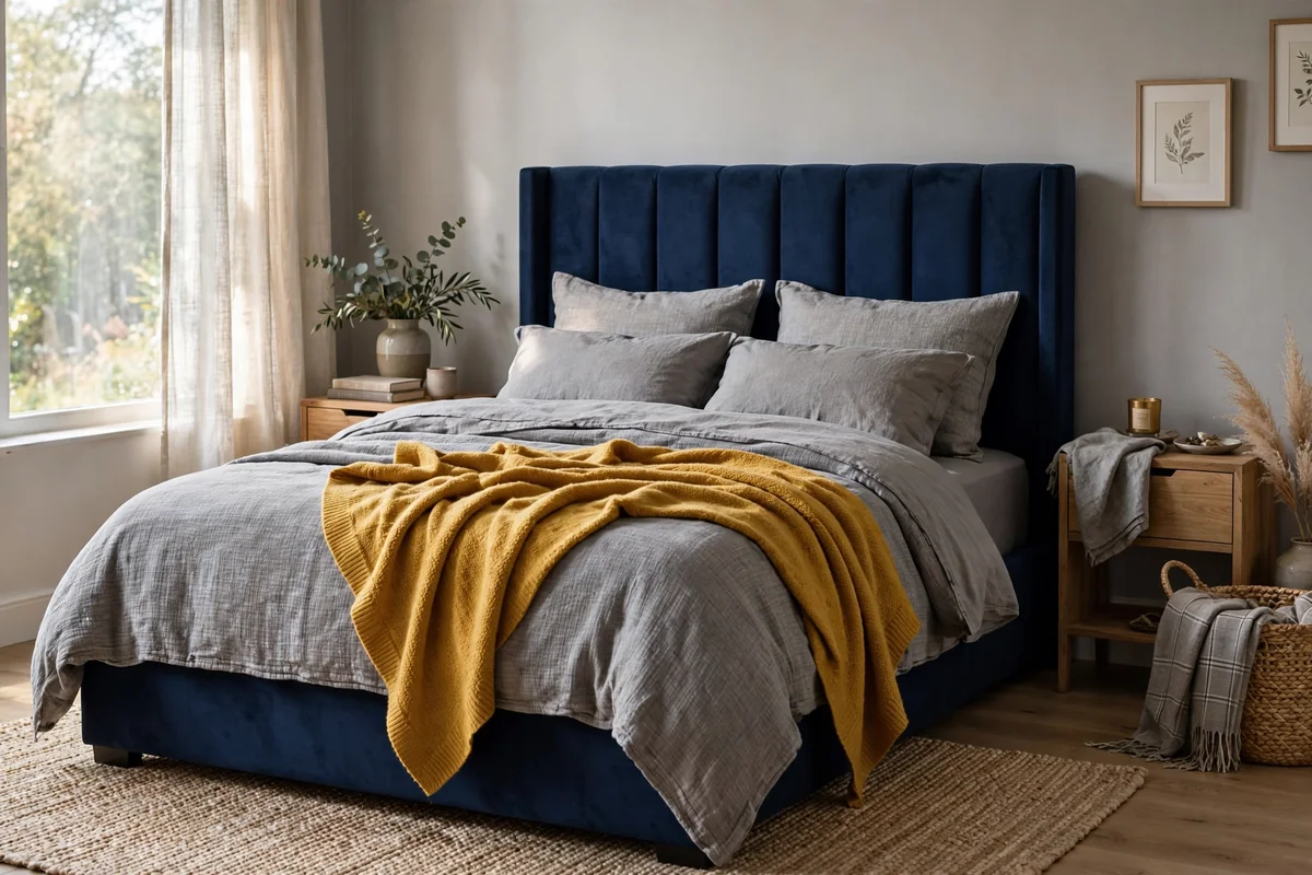 Navy and grey bed with a cozy mustard yellow throw blanket