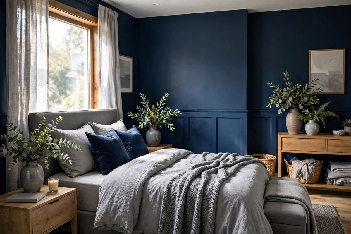 Navy blue and grey bedroom with beautiful vases holding greenery