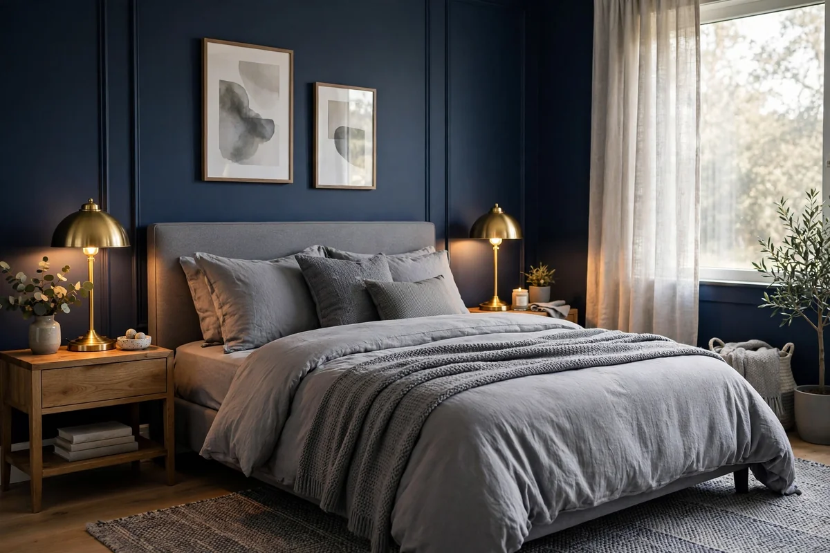 Navy and grey bedroom with soft gold table lamps glowing warmly