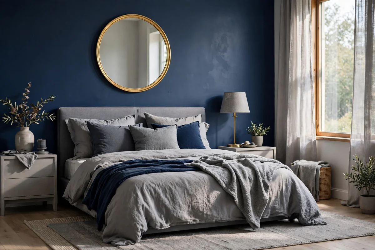 Navy blue and grey bedroom with a round gold framed mirror