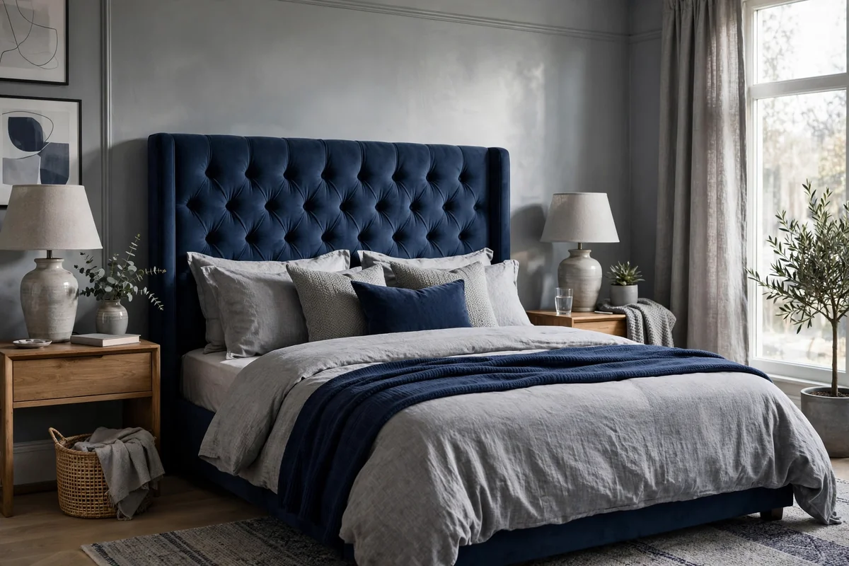 Navy and grey bedroom with a navy blue upholstered headboard, tufted