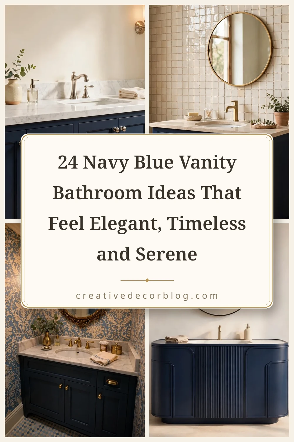 Pinterest pin collage showing 24 navy blue vanity bathroom ideas