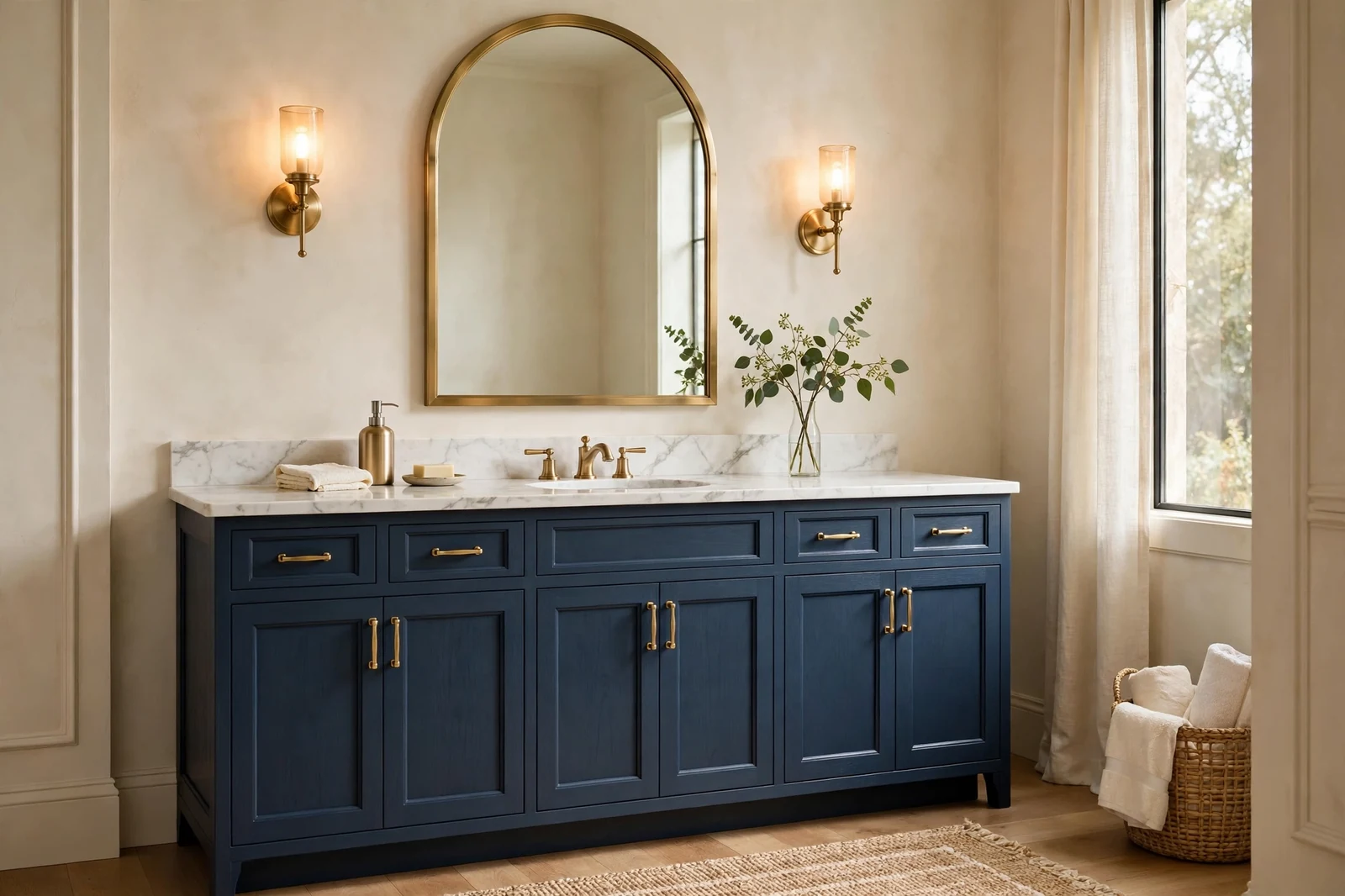 Elegant bathroom with navy blue shaker vanity, marble countertop, brass hardware, and arched mirror