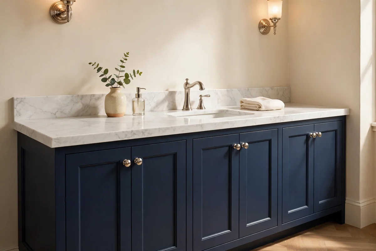 Navy shaker vanity with thick white marble countertop and polished nickel faucet