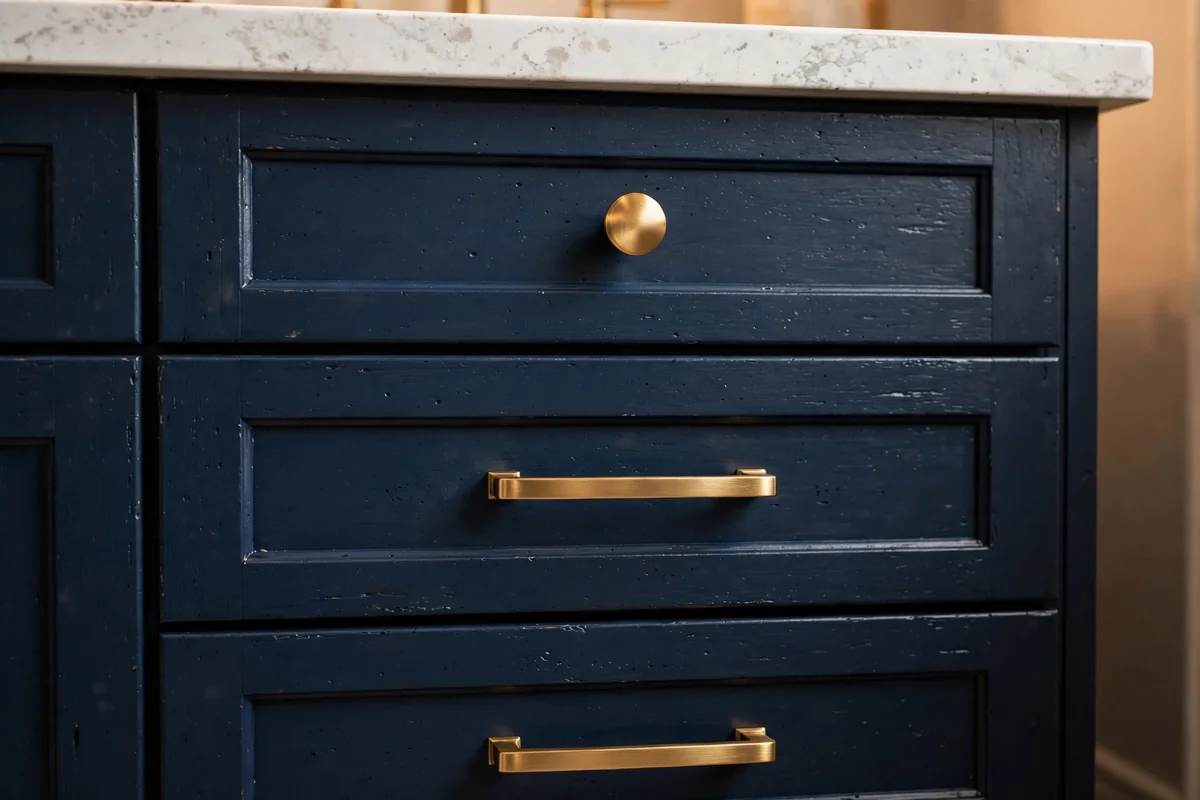 Close-up of navy vanity drawers with brushed brass bar pulls and knobs