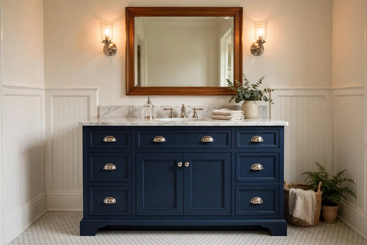 Traditional navy vanity with polished nickel hardware and marble counter