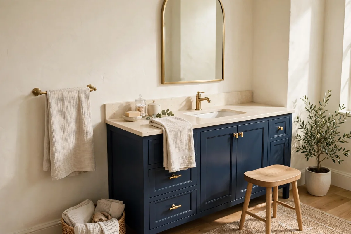 Navy vanity against creamy walls with ivory countertop and oak stool