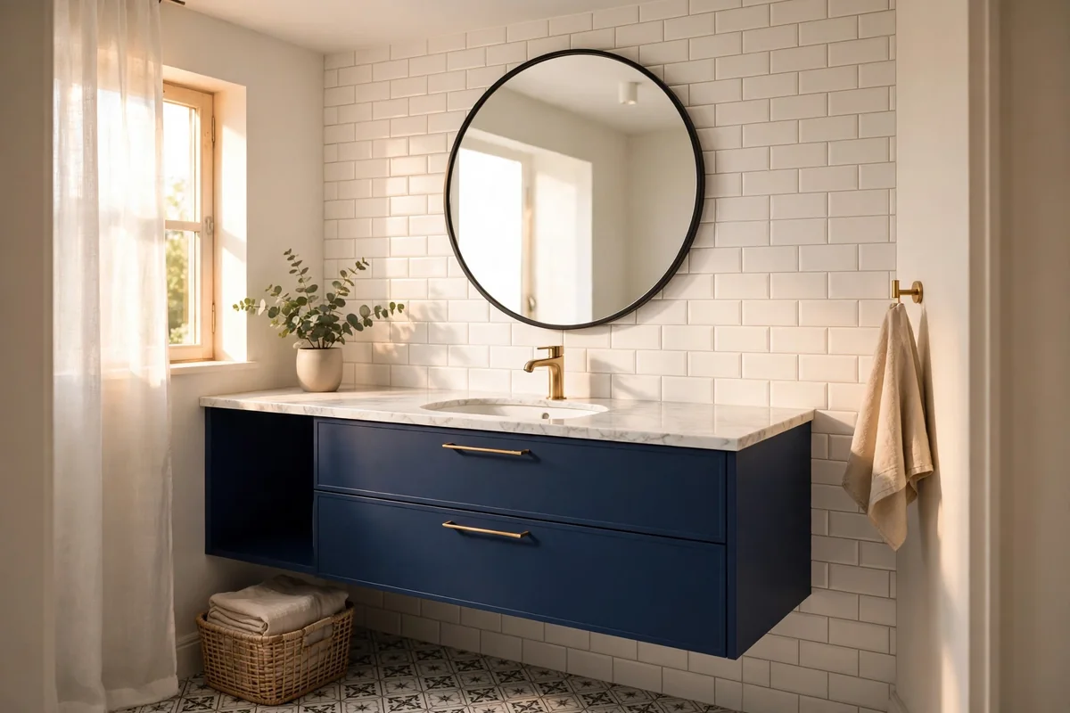 Wall-mounted floating navy vanity in a small bright bathroom