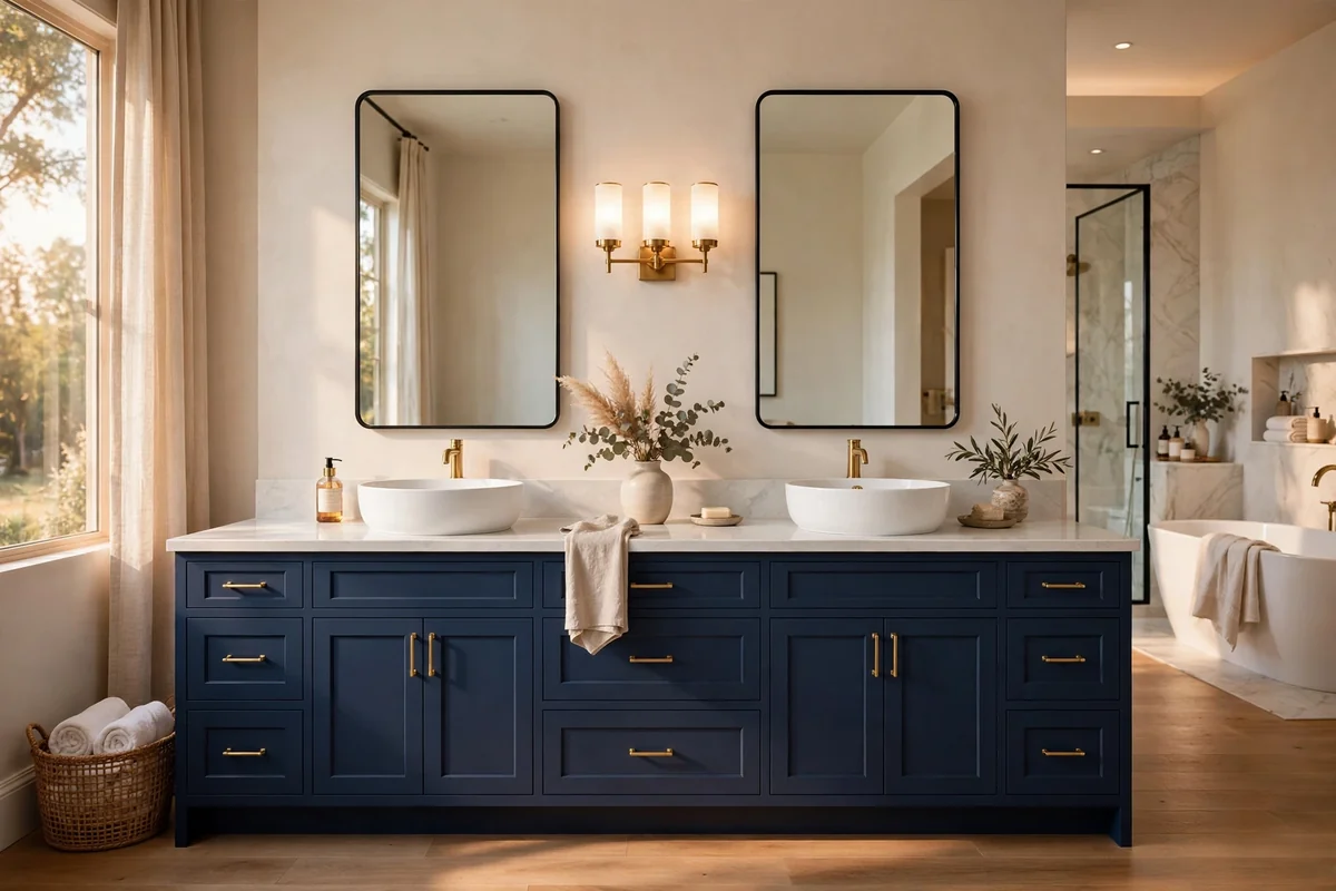 Long double navy vanity with two vessel sinks and pale quartz countertop
