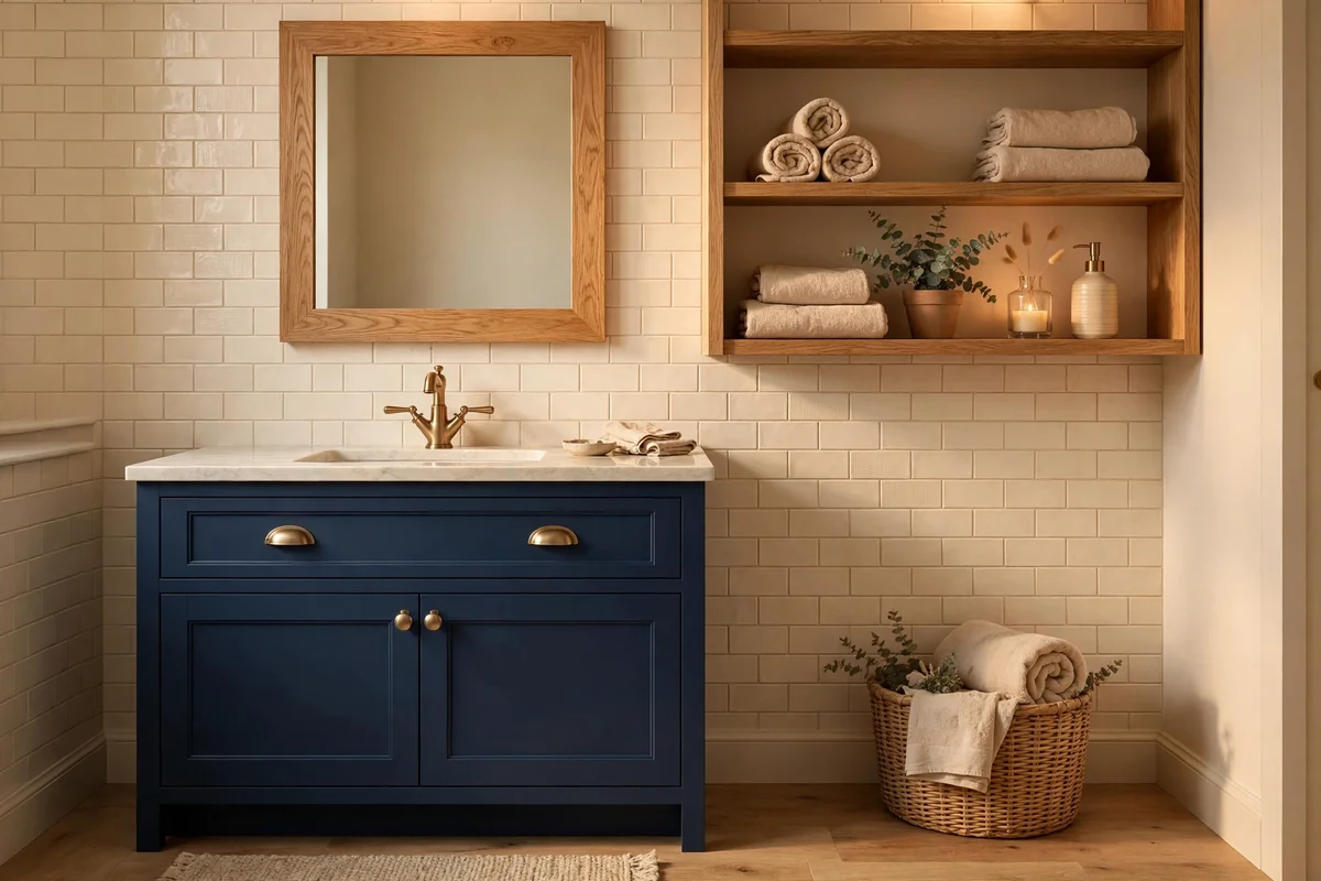 Navy vanity with oak-framed mirror and open shelf in warm light