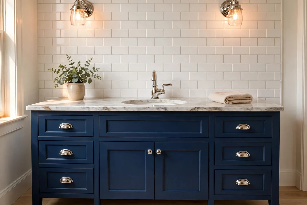 Navy vanity beneath a white subway tile backsplash with marble countertop