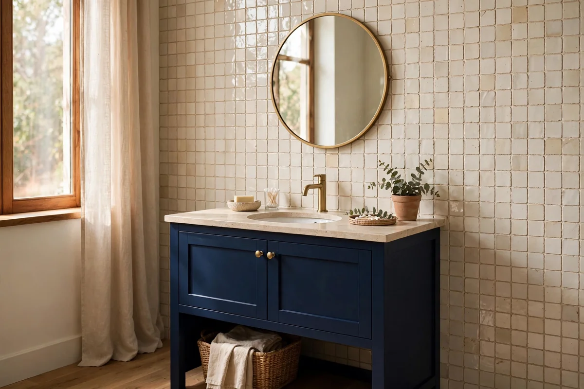Navy vanity against an ivory zellige tile wall with glaze variation