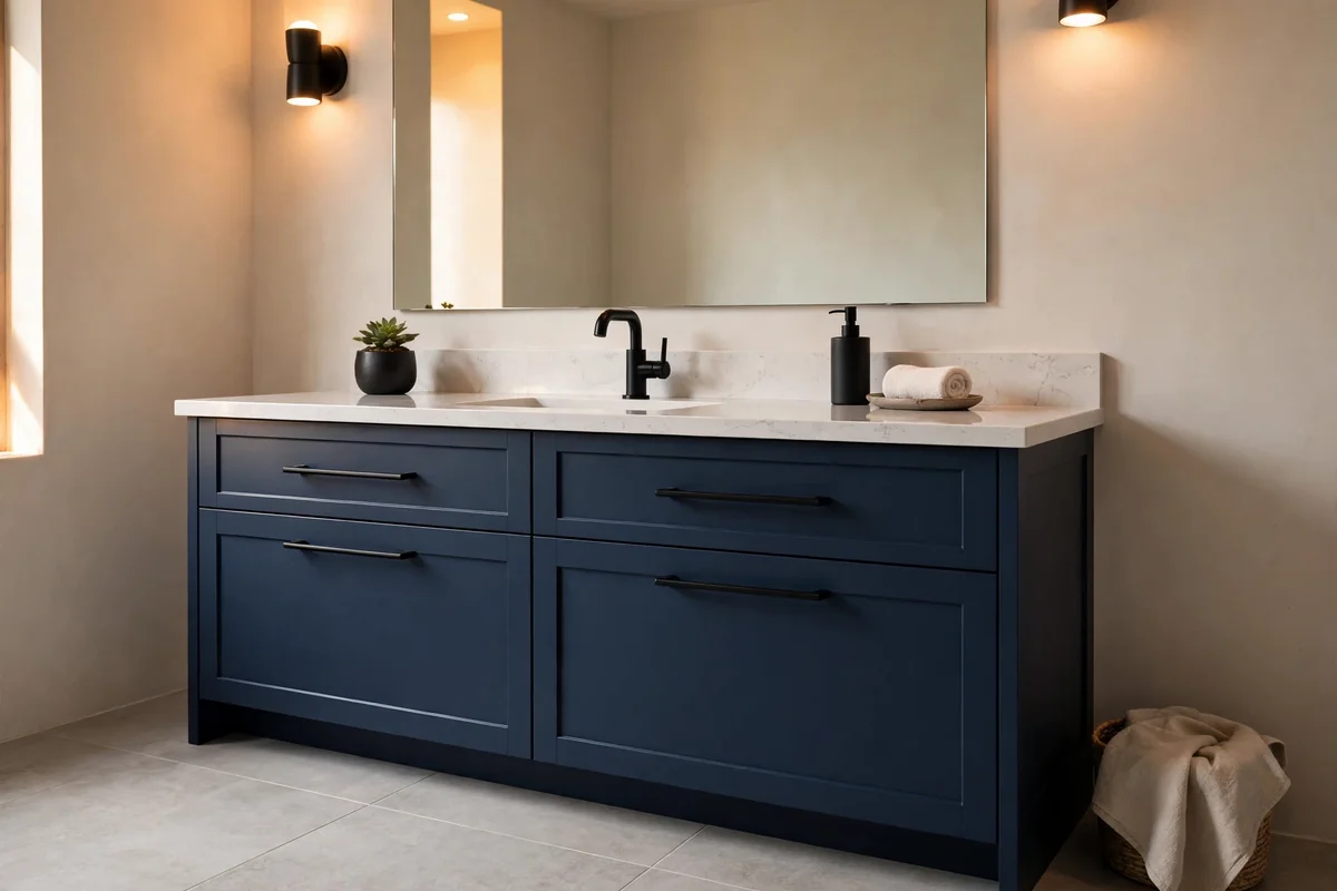 Contemporary navy vanity with matte black hardware and white quartz countertop