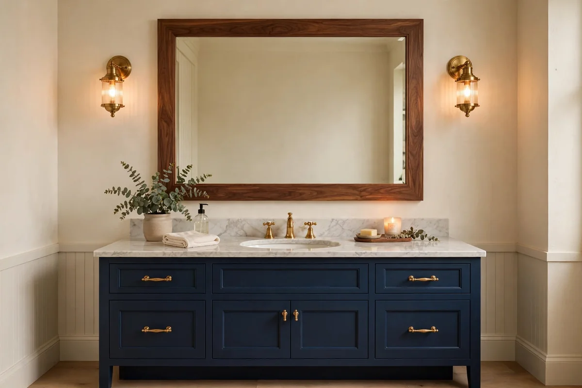 Navy vanity with a warm walnut wood-framed mirror and brass sconces
